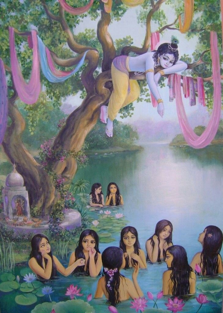 Chuyện Krishna chộm quần áo của các cô Gopis đang tắm sông
