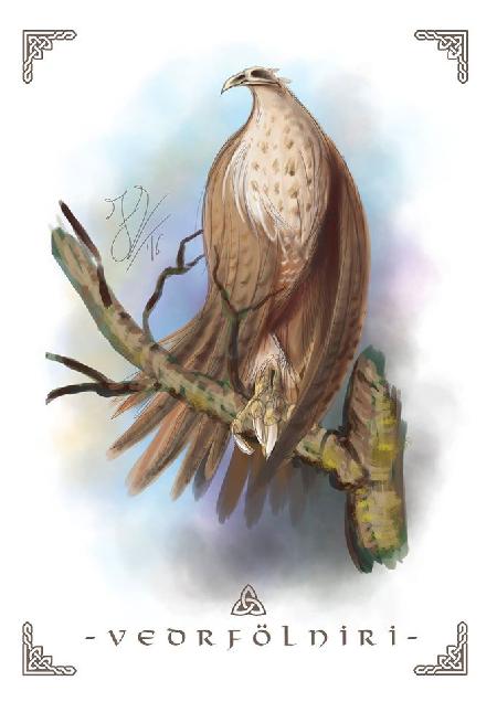 Con chim Vedrfolnir đậu trên ngọn cây Yggdrasil